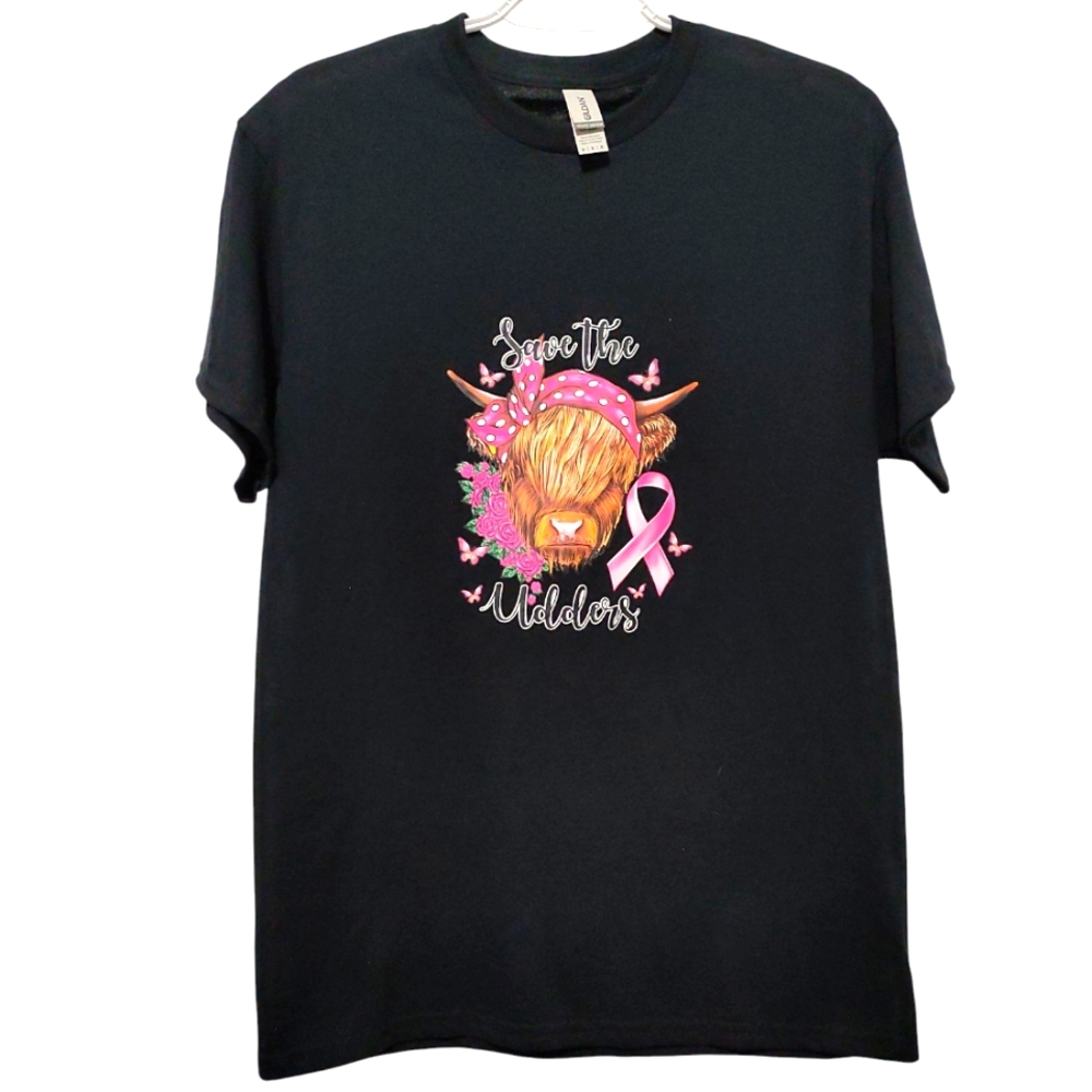 **Custom** Black Graphic T-Shirt with Cow Design "Save The Udders" Medium